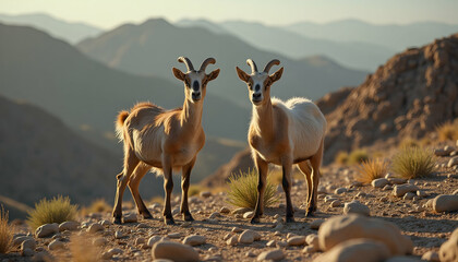 Two majestic goats standing proudly against a breathtaking mountain backdrop