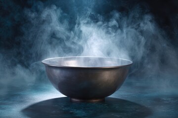 Mysterious steaming bowl emitting wisps of smoke isolated on white background