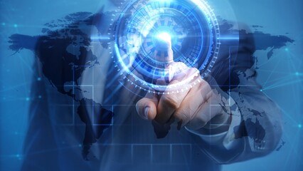 Futuristic Technology Interface with Digital Touchscreen and World Map Overlay