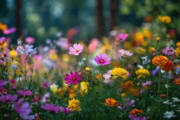 Obraz premium Colorful Cosmos Flowers Blooming in a Field, Symbolizing Growth and Natural Beauty for Springtime Promotions and Garden Design Inspiration : Generative AI