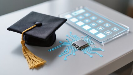Graduation Cap with Circuit Board and Microchip on Modern Desk for Technology and Education Concept