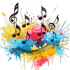 PARTY' burst with music notes, isolated object, sharp edges, white background