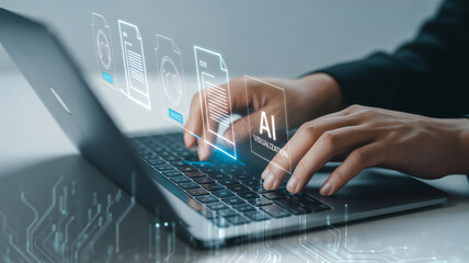 Person using laptop with glowing ai visualization and data documents overlay