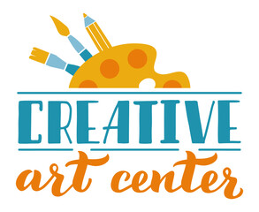 Colorful logo representing a creative art center, featuring a vibrant palette, paintbrushes, and a pencil, highlighting art classes and workshops that inspire creativity and skill development