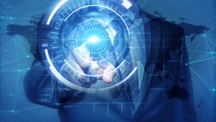 Futuristic Technology Concept with Virtual Interface and Digital World Map Background