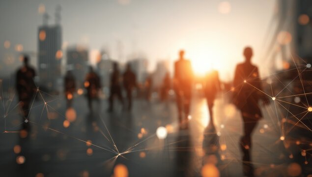 Blurred Crowd Walking at Sunset with Network Overlay, Representing Global Connectivity and Digital Transformation in Urban Life : Generative AI