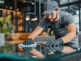 Cleaning professional wiping a glass surface