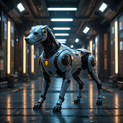 Robotic Warrior Standing in City with Arm Raised Near Wall