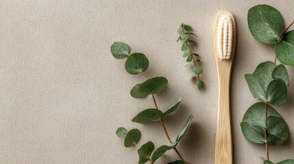 Bamboo toothbrush and eucalyptus leaves symbolize eco-conscious dental hygiene
