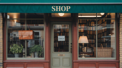 Obraz premium Charming bookstore entrance with a leather satchel and open sign in the window