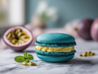 A vibrant blue macaron with passion fruit and mint leaf on a marble surface in soft focus setting