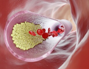 Artery with Atherosclerosis and Blood Cells Illustration of a Clogged Artery due to Cholesterol Plaques and Red Blood Cells Flowing Through