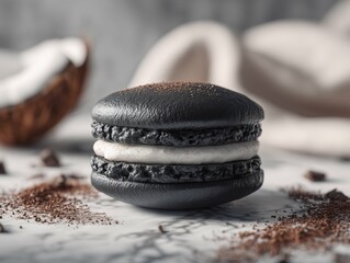 A black macaron with white filling on a marble surface with coconut pieces in the background view