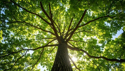 Lush green tree canopy, sunlight filtering through