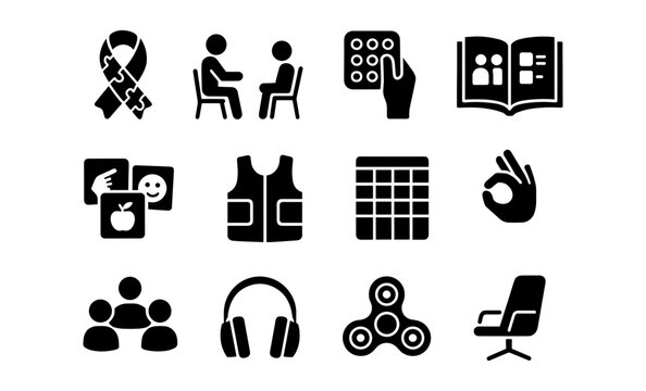 Autism support icons: inclusive communication, sensory tools, and helpful symbols