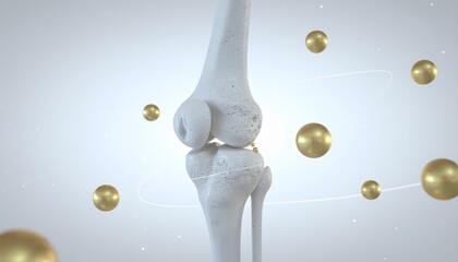 Human Knee Joint Anatomy with Golden Spheres Illustrating Bone Health Cartilage Support and Joint Lubrication for Medical or Pharmaceutical Concepts