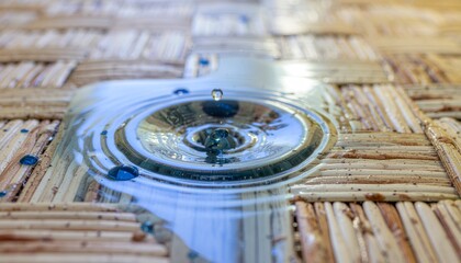 Captivating Water Droplet Impact Creating Circular Ripples on a Woven Surface a Moment Frozen in Time a Study of Water and Light