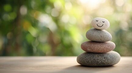 Stacked Stones With a Smiley Face on Top, Representing Wellness, Balance, and Mindfulness Practice in a Natural Setting, Ideal for Meditation Retreats : Generative AI