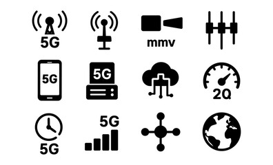 5g technology icons set: communication, cloud, network, global connectivity, signal, speed