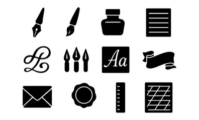 Elegant silhouette icons of writing tools and stationery for creative design projects