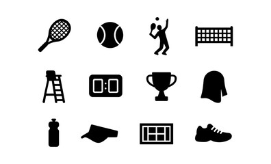 Tennis equipment and icons set: racket, ball, player silhouette, court layout