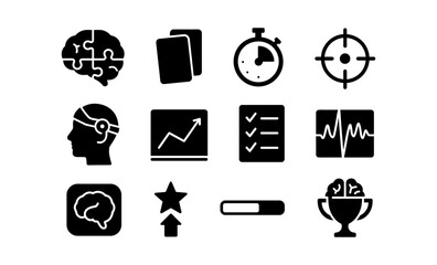 Cognitive training icons: brain, progress charts, and checklists in flat design