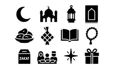 Minimalist ramadan and eid icons set featuring mosque, crescent moon, quran, and lantern