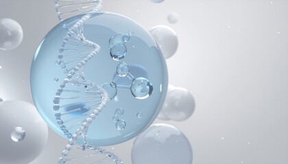 Abstract Science Background with DNA Strand Molecule and Spheres for Medical Research and Cosmetic Product Development Concepts