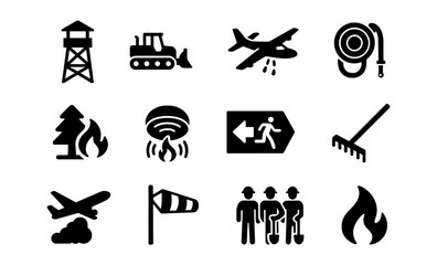 Emergency and firefighting icons: safety equipment, fire prevention, rescue operations