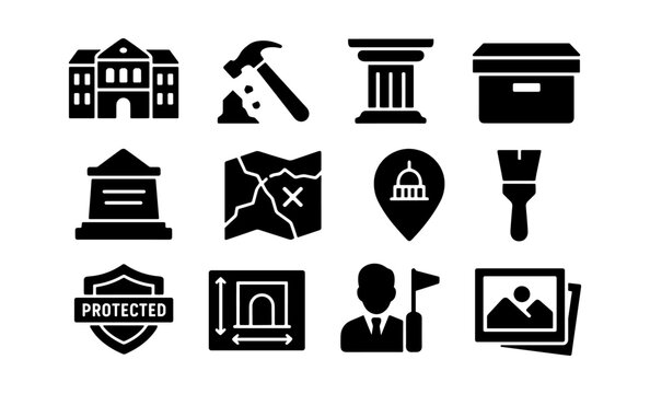 Heritage conservation icon set featuring classic symbols for preservation projects