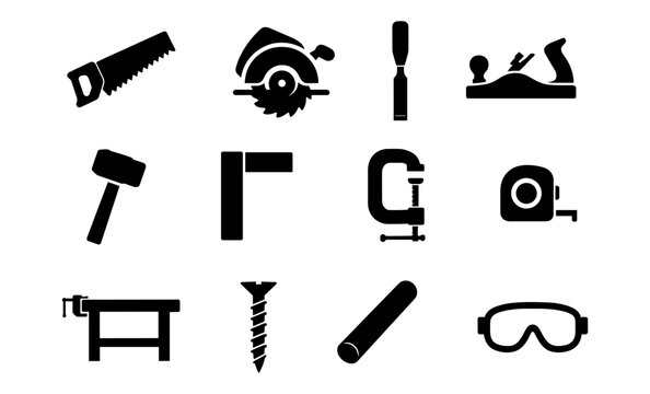 Silhouette woodworking tools collection: essential carpentry and diy icon set