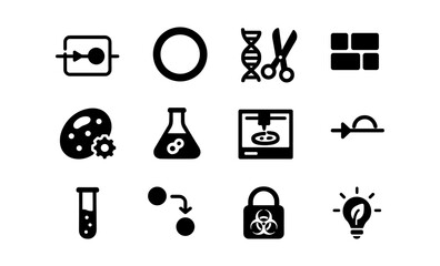 Innovative biotechnology icons: gene clip, crispr, bio printer, and more