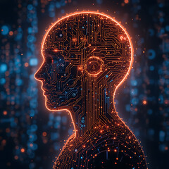 Cybernetic Human Profile in Technology Landscape, Digital Illustration, Sci-Fi Environment, Side View Concept