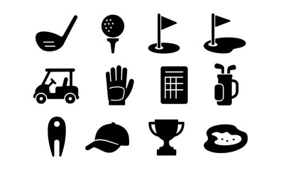 Golf equipment icons: clubs, flags, carts, and trophies in silhouette style