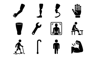 Prosthetics and rehabilitation icons set: mobility and support symbols