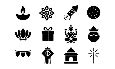 Diwali icons set: celebrating with traditional symbols and festive elements in silhouette style