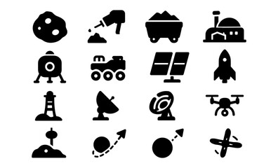 Space exploration icons set: rocket, drone, satellite and more in silhouette style