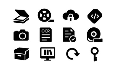 Digital archive icons set: simple black silhouettes for technology and security