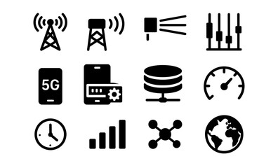 Modern telecommunication icons in minimalist style highlighting 5g and network concepts