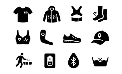 Wearable technology icons: smart clothing and accessories in silhouette style