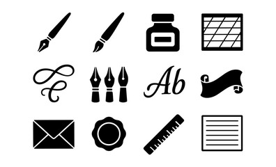 Classic calligraphy and writing tools icons set: pen, ink, paper, brush, envelope, seal, ruler