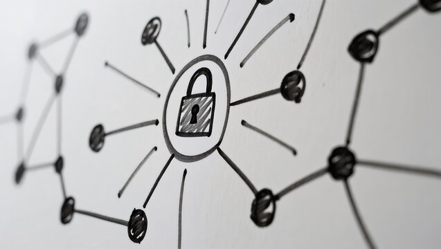 Secure Network Concept Illustration Featuring Lock and Connected Nodes on White Background