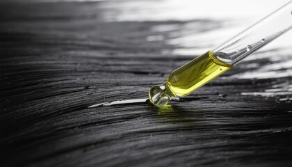 Close Up of Golden Oil Dropping from Glass Pipette onto Textured Black Surface for Beauty or Health Related Concept