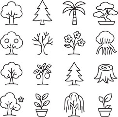 Collection of simple black outline icons representing various types of trees plants and a tree stump on a white background