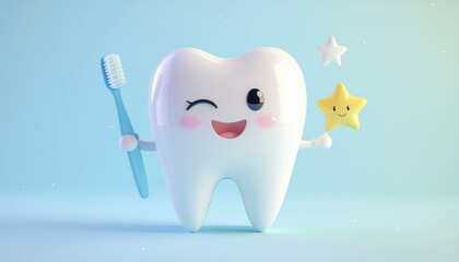 Cute Cartoon Tooth Character with Toothbrush and Stars Promoting Dental Hygiene and Oral Health on a Light Blue Background