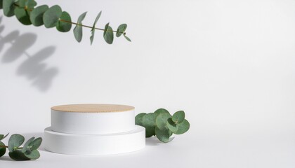 Minimalist Product Display Podium with Eucalyptus Leaves on White Background for Beauty Cosmetics or Skincare Product Presentation