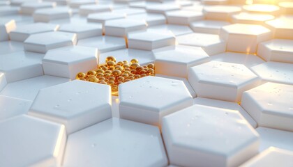 Golden Spheres on White Hexagonal Tiles Abstract Background for Cosmetic Medical or Technological Concepts with a Clean and Modern Aesthetic