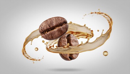 Two Roasted Coffee Beans Surrounded by a Splash of Coffee Liquid on a Neutral Background for a Dynamic and Invigorating Visual