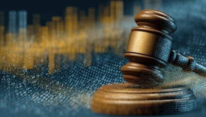 Digital Gavel Over Binary Code Background, Symbolizing Cyber Law and Data Protection in Technology Innovation and Legal Compliance : Generative AI