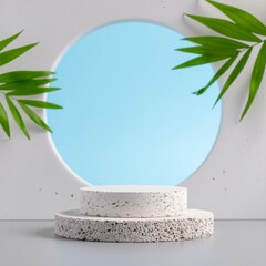 Minimalist Product Display Podium with Tropical Leaves and a Circular Window on a Blue Background for Cosmetic Presentation or Showcase